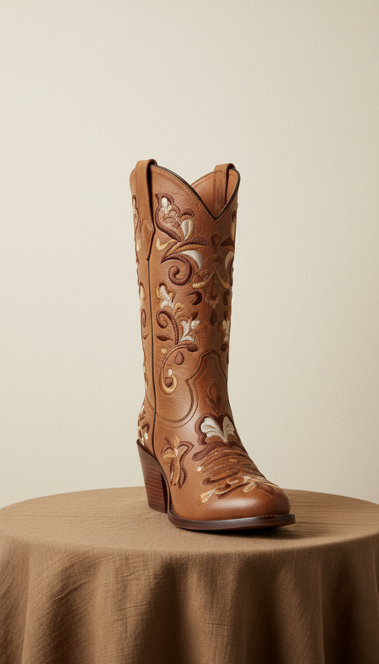 Bota marfil polvoriento bordada mujer